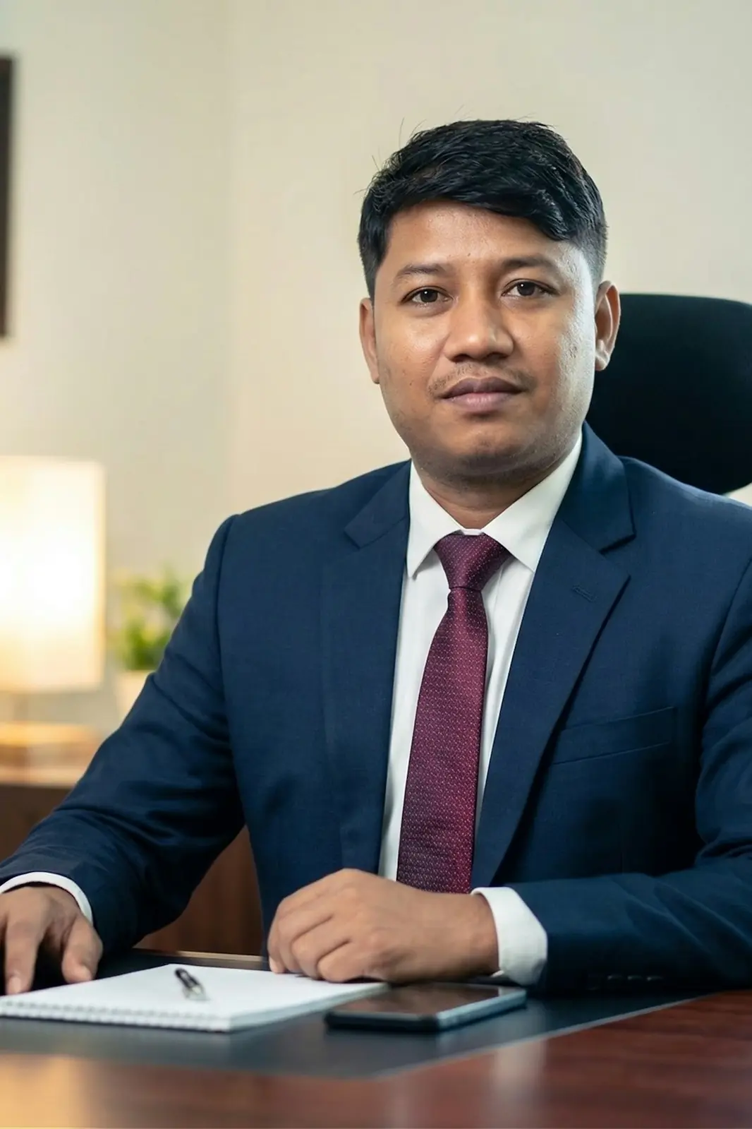 An accountant in a suit at his desk, a framed certificate on the wall behind him