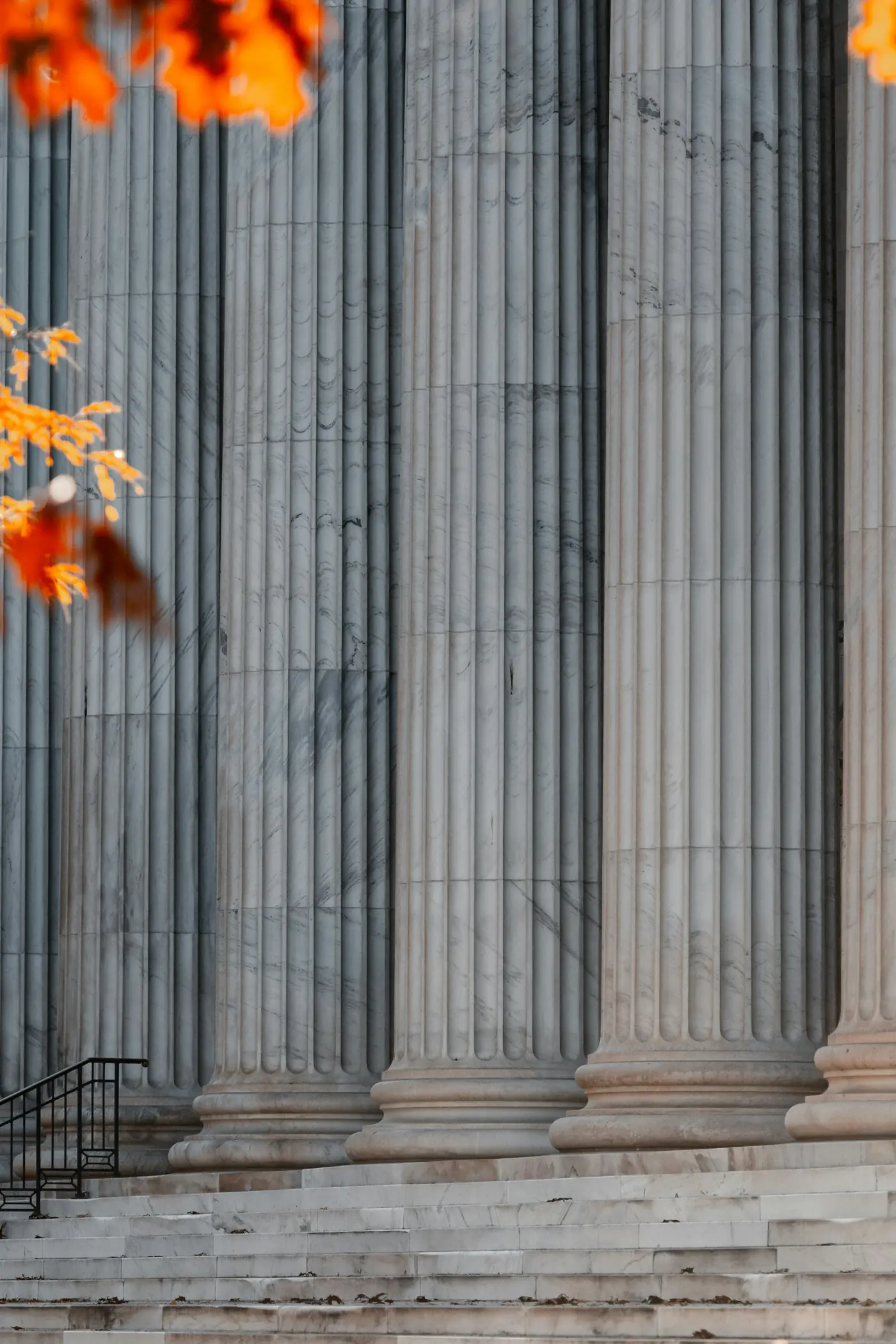 Stone columns and steps of a courthouse under autumn leaves