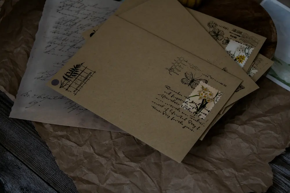 A pile of envelopes and handwritten letters on a table