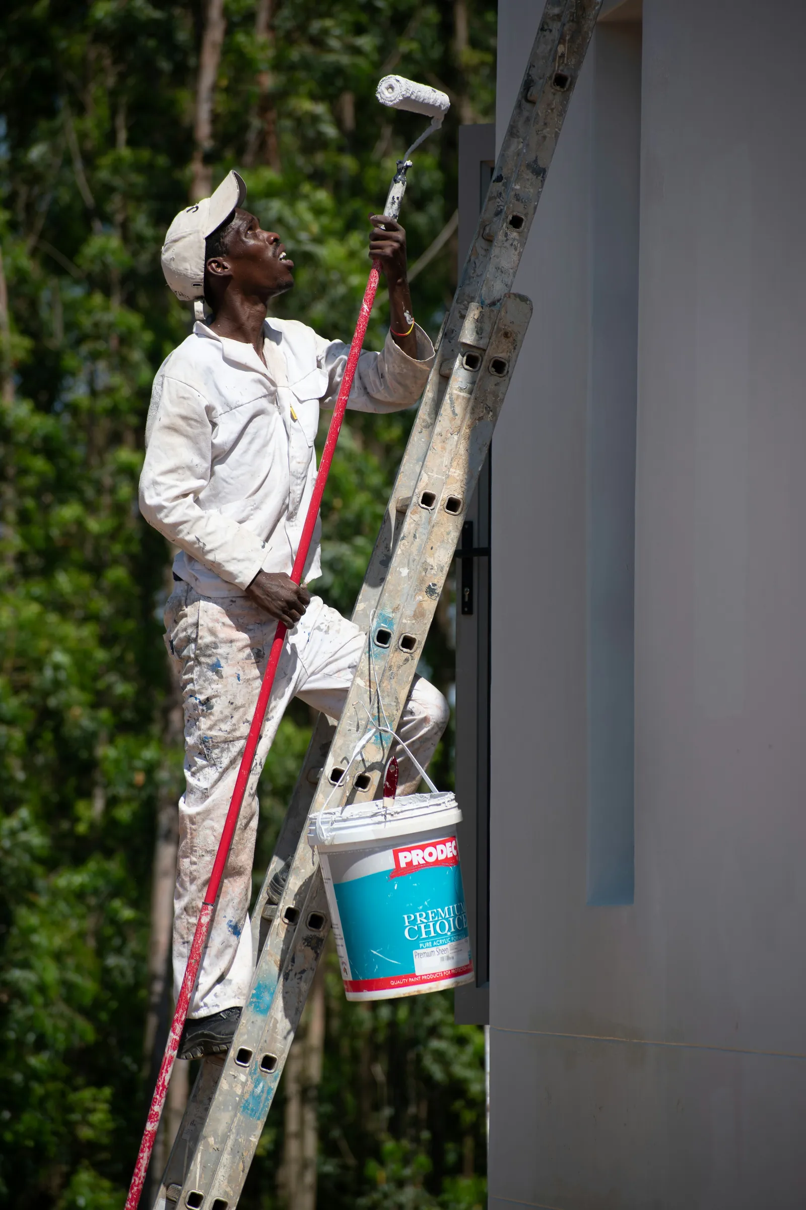 A painter on a tall ladder painting the side of a white house