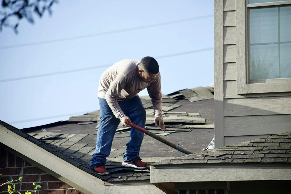 A man bent over working on a shingle roof beside a window