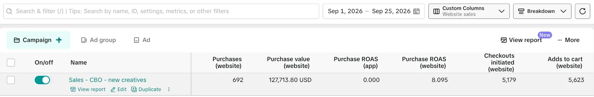 TikTok Ads Manager, 1 to 25 September 2026: one campaign with 692 website purchases worth $127,713.80 at a website purchase ROAS of 8.095