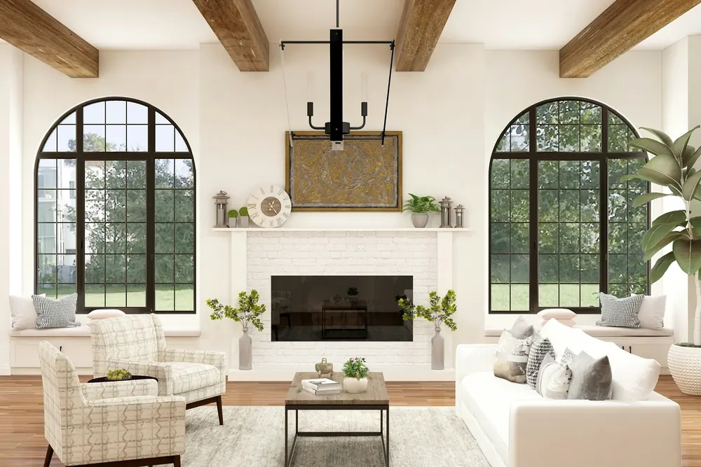A bright staged living room with arched windows