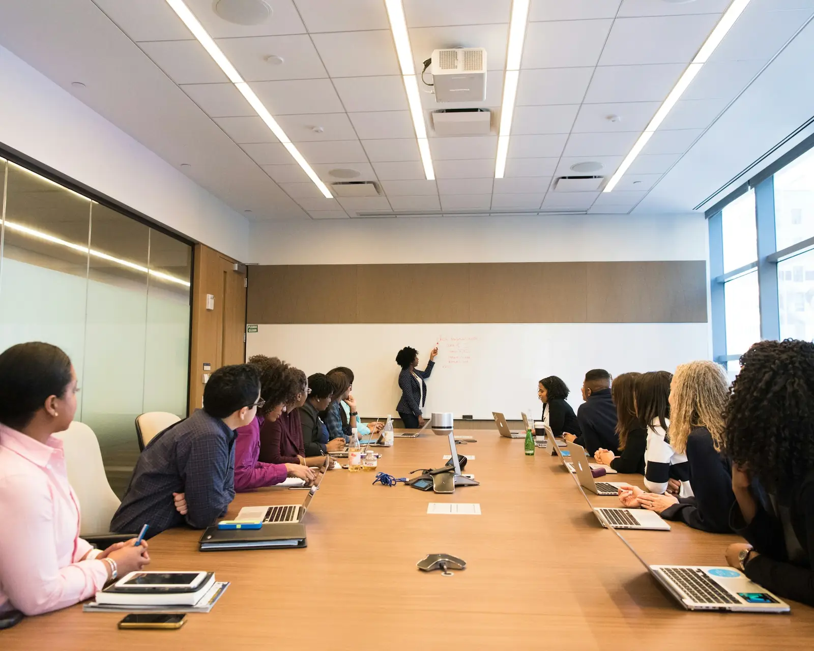 A brokerage team meeting around a long conference table