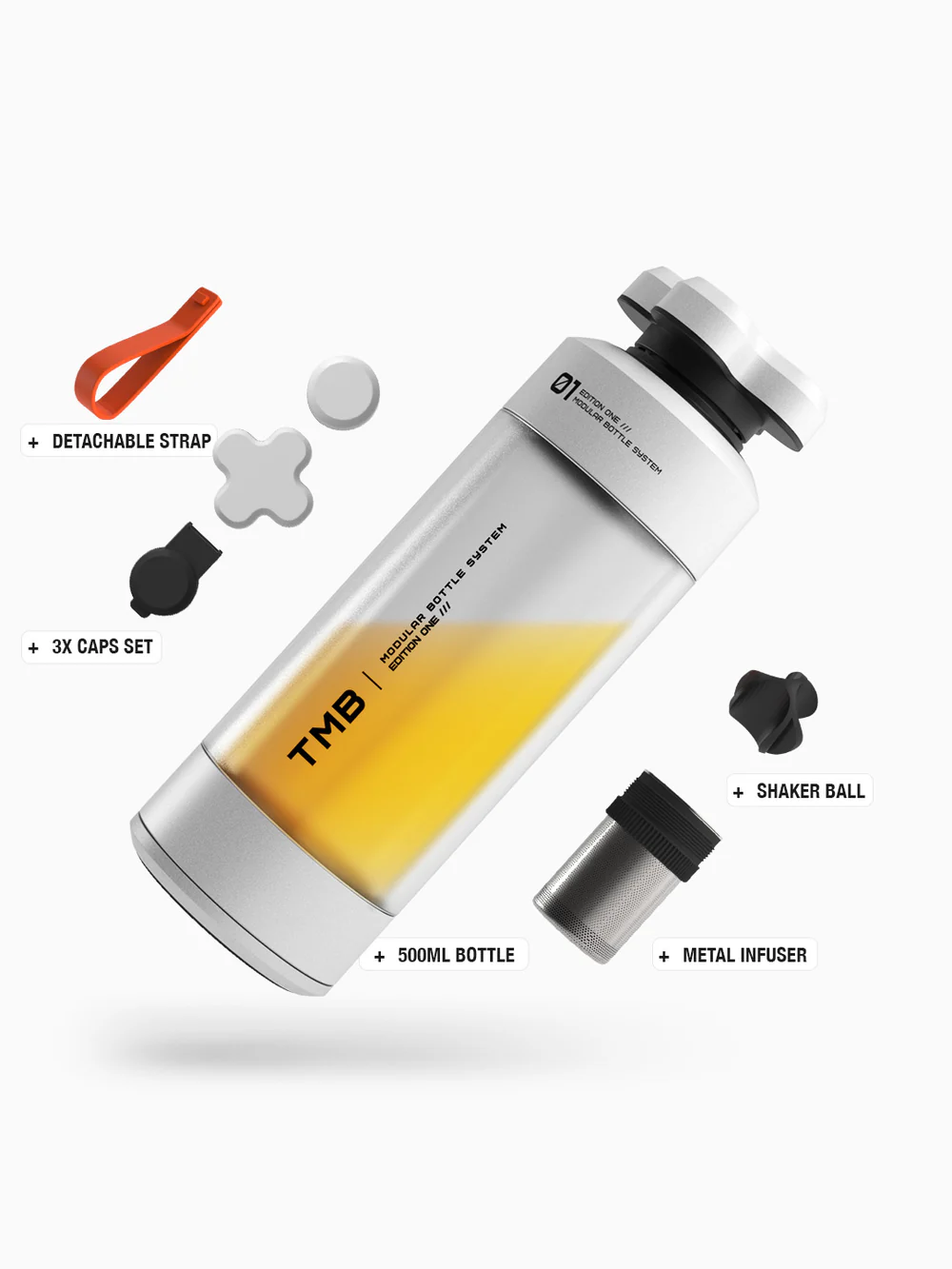 The modular bottle and everything that comes with it: a 500 ml frosted bottle with brushed silver caps and its TMB Modular Bottle System decals, a detachable orange strap, three spare caps, a shaker ball and a metal infuser
