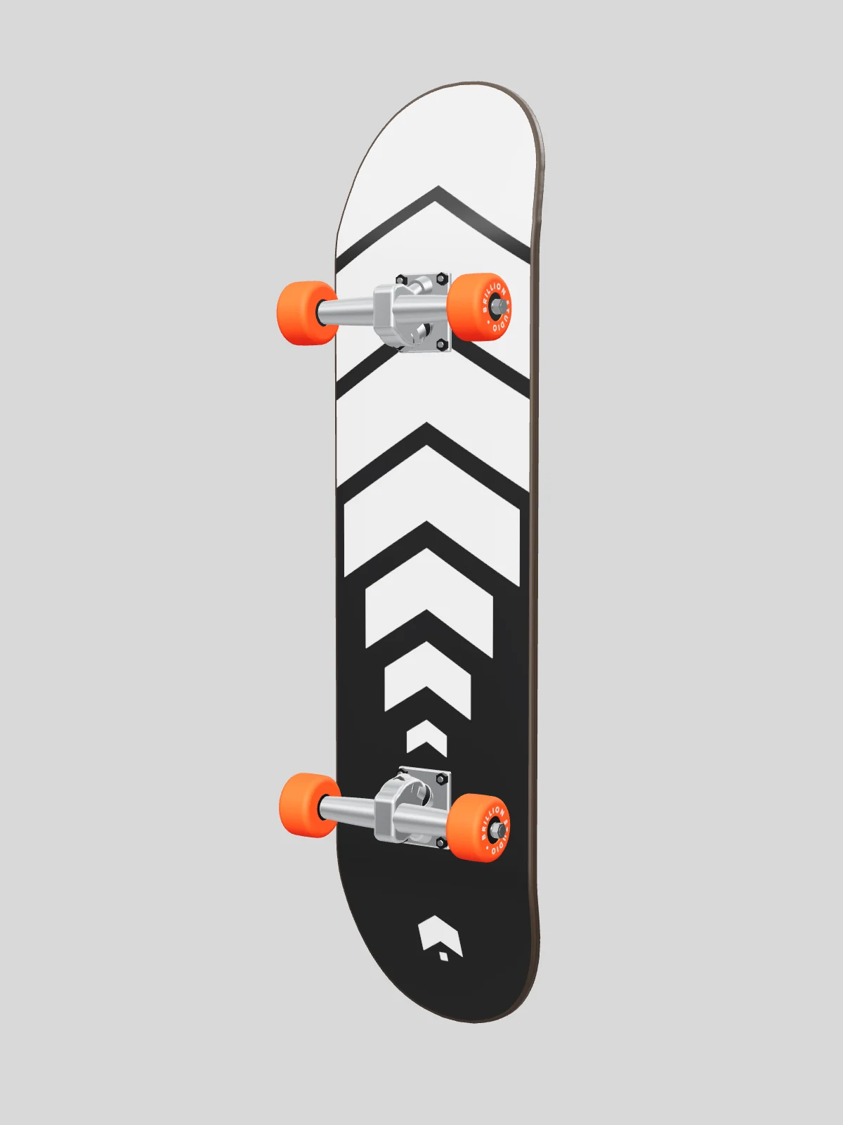 The Swell deck from underneath: black, with our mark at the tail and white chevrons that swell toward the nose, orange wheels and a dark oak edge