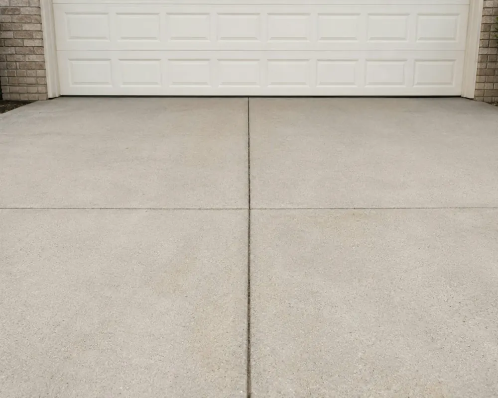 A plain concrete driveway in front of a white garage door